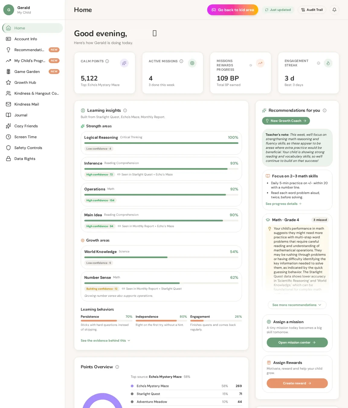 Parent dashboard home — learning insights